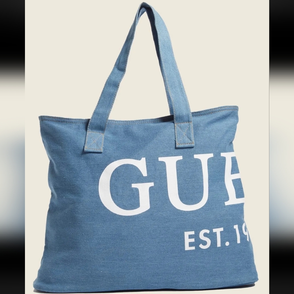 NEW Guess Women's Blue Denim Logo Large Top Zip Tote Bag Shopper Handbag